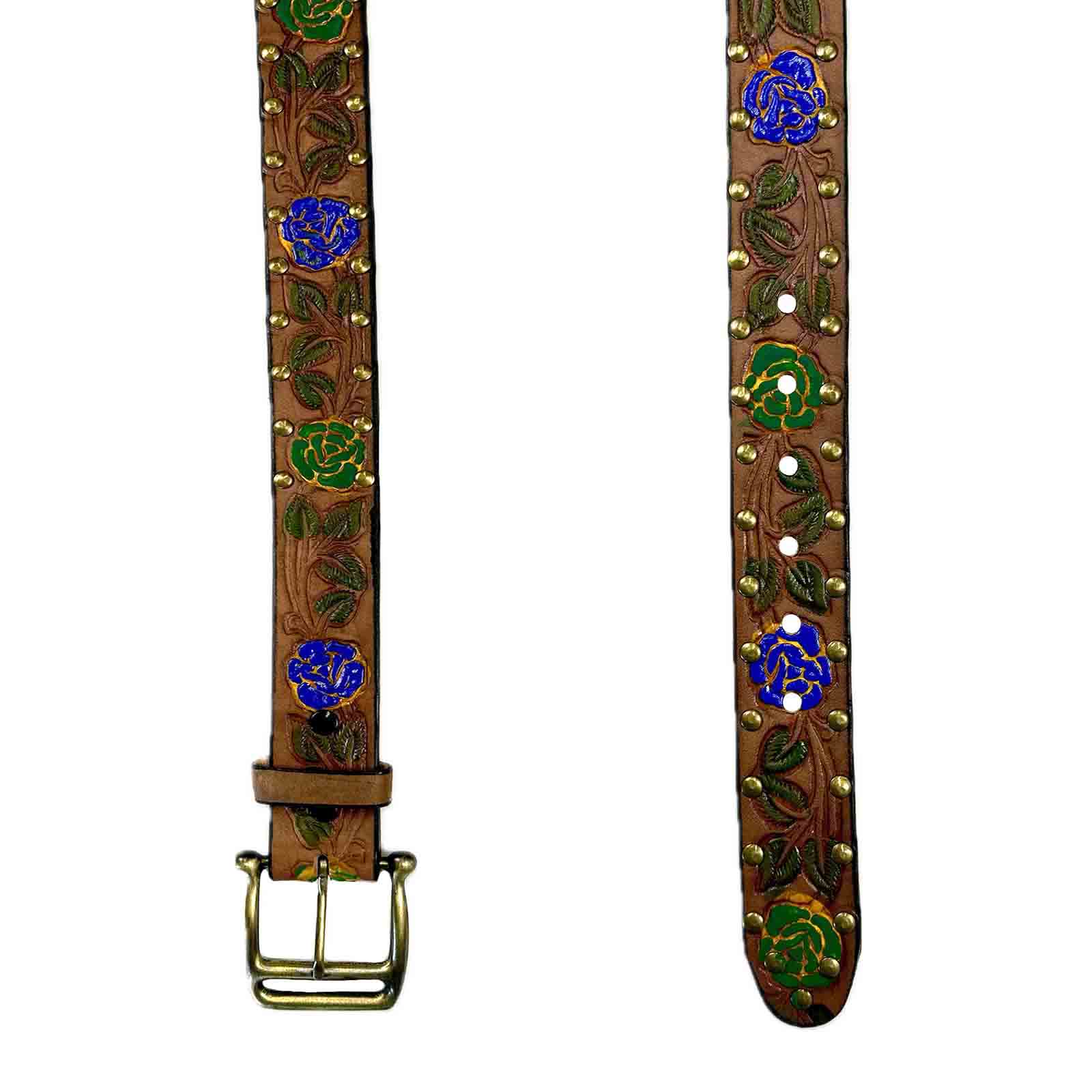 Rockmount Ranch Wear Brown Tooled Genuine Leather Western Belt with Blue Roses - Rockmount Clothing - Flyclothing LLC