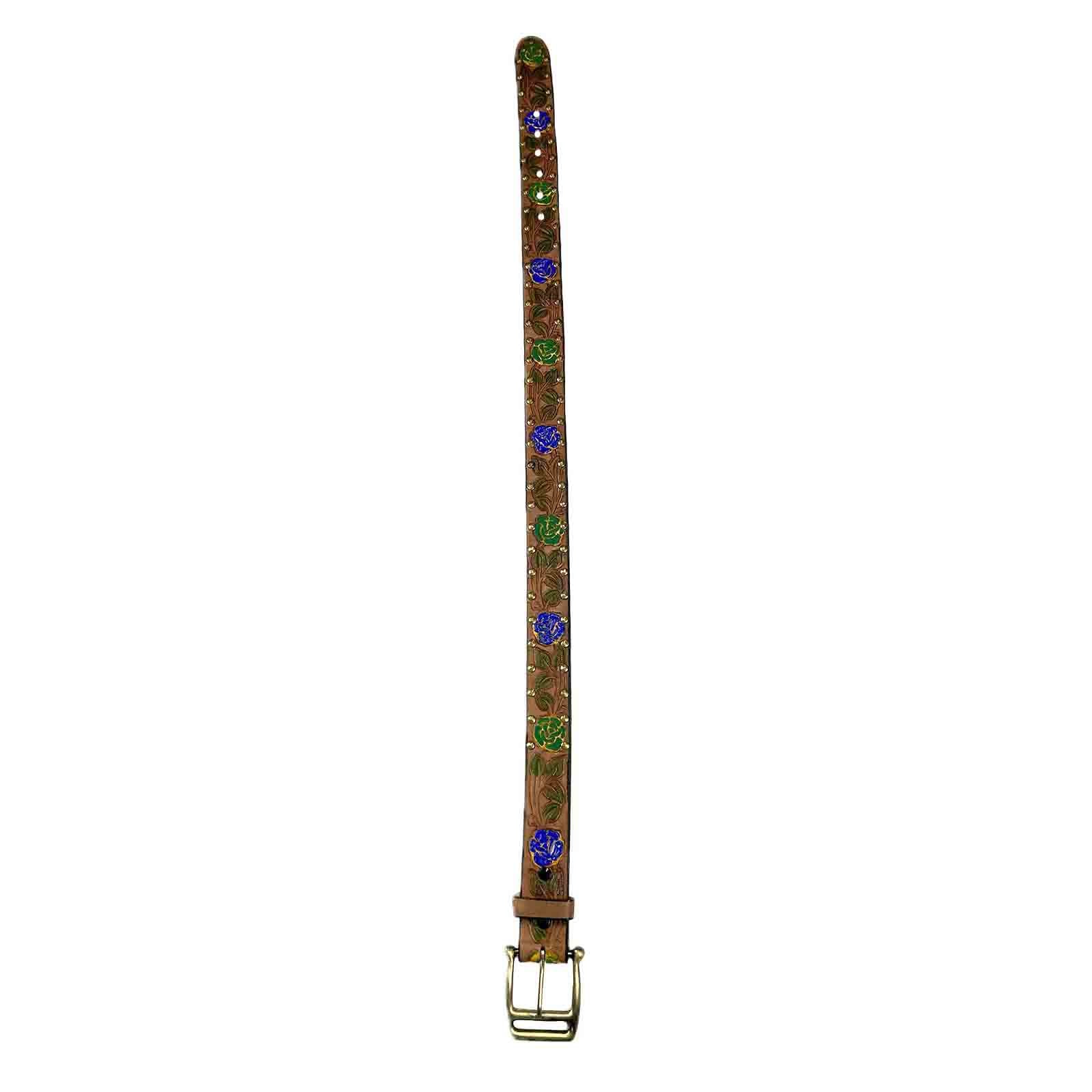 Rockmount Ranch Wear Brown Tooled Genuine Leather Western Belt with Blue Roses - Rockmount Clothing - Flyclothing LLC