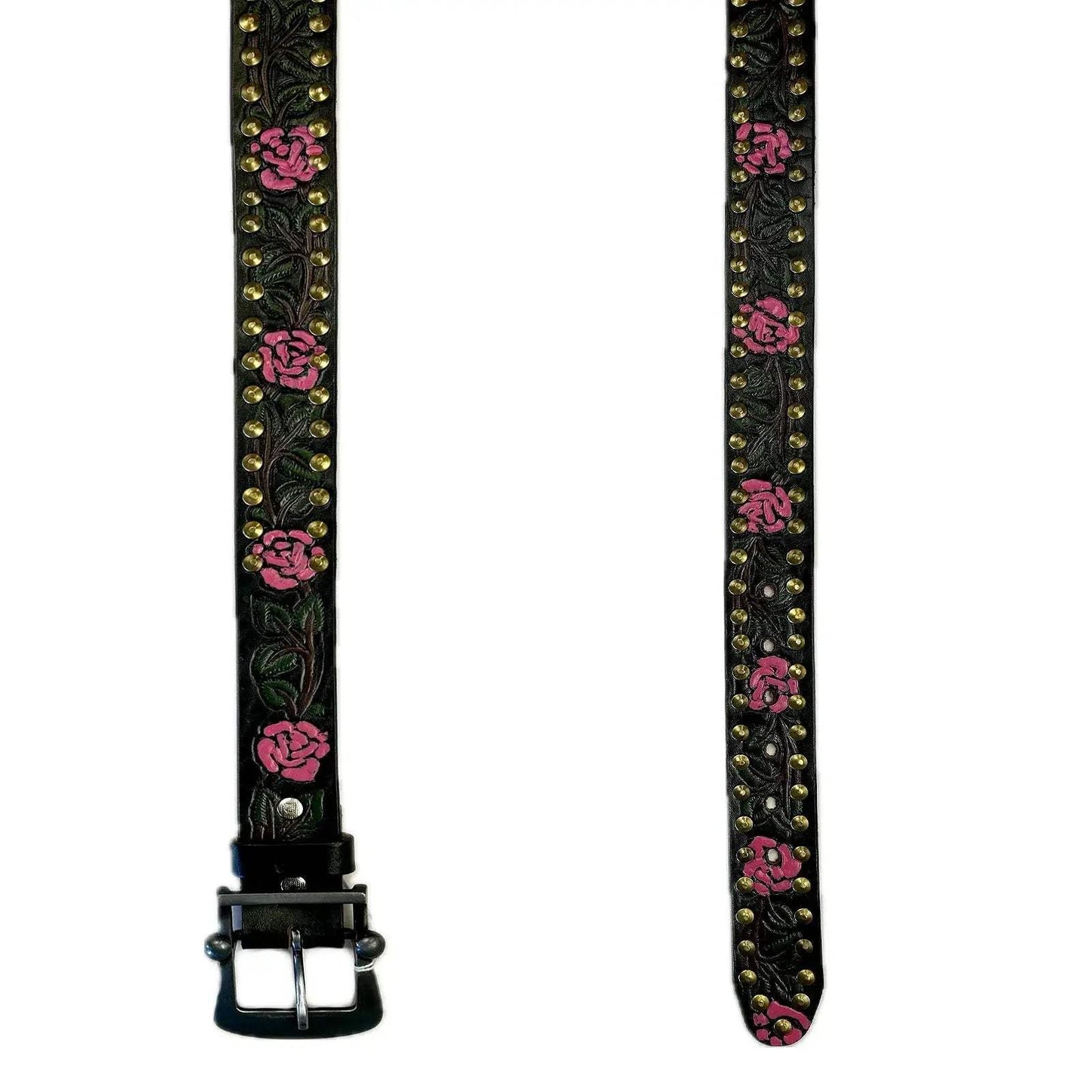 Rockmount Ranch Wear tooled rose leather belts black pink roses - Rockmount Clothing - Flyclothing LLC