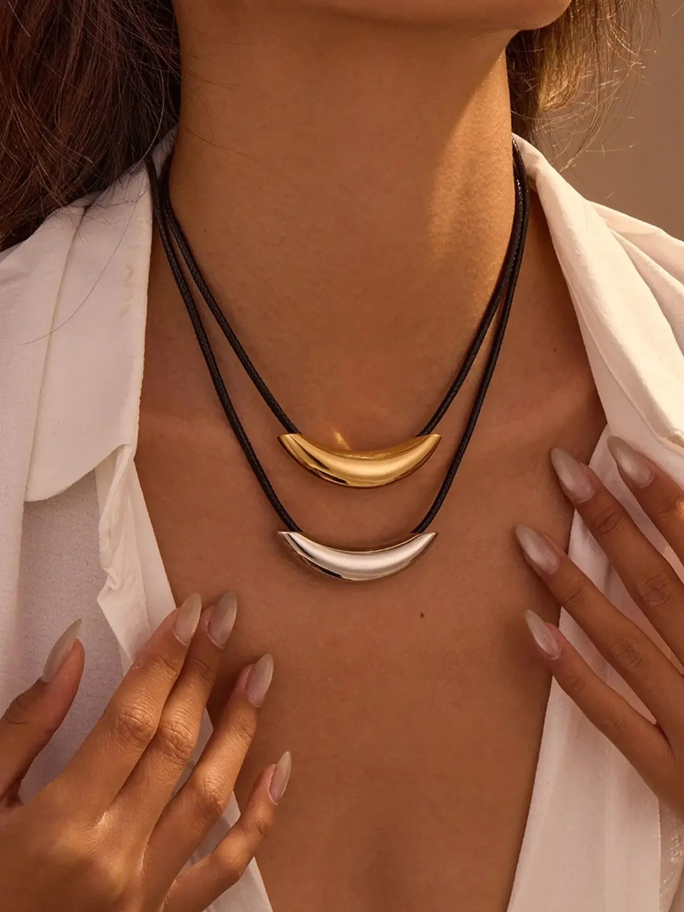 Stainless Steel Curved Bar Necklace with Leather Rope - Trendsi - Flyclothing LLC