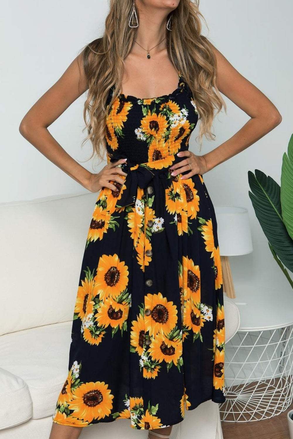 Smocked Sunflower Printed Sleeveless Cami Dress - Trendsi - Flyclothing LLC