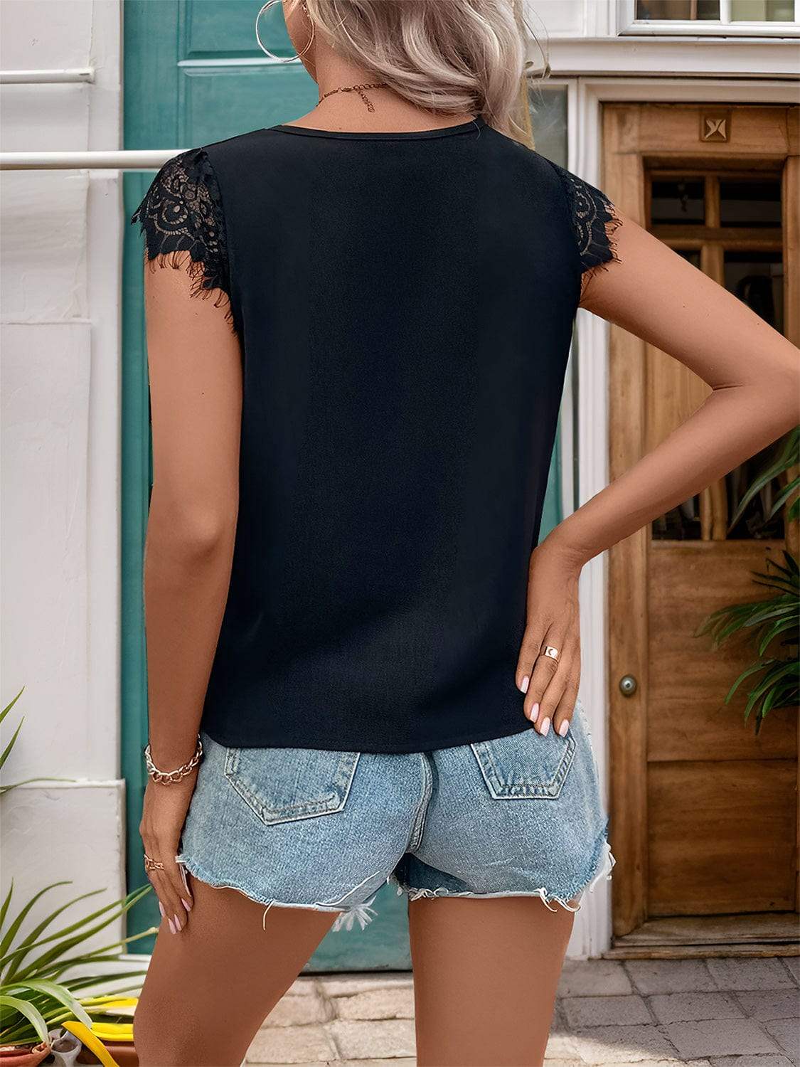 Lace Detail V-Neck Cap Sleeve T-Shirt - Trendsi - Flyclothing LLC