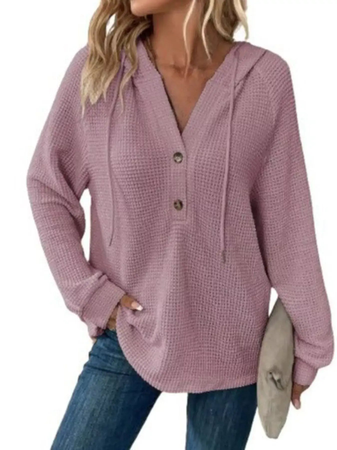 Full Size Button Detail Waffle Knit Hoodie Plus Size - Trendsi - Flyclothing LLC
