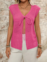 Tied Front Openwork V-Neck Knit Top - Trendsi - Flyclothing LLC
