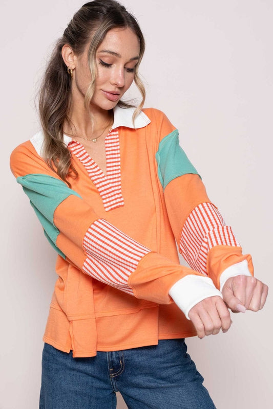 Hailey & Co Color Block Top with Striped Panel - Trendsi