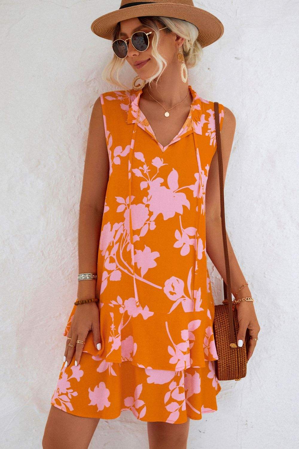Printed Tie Neck Sleeveless Dress - Trendsi - Flyclothing LLC