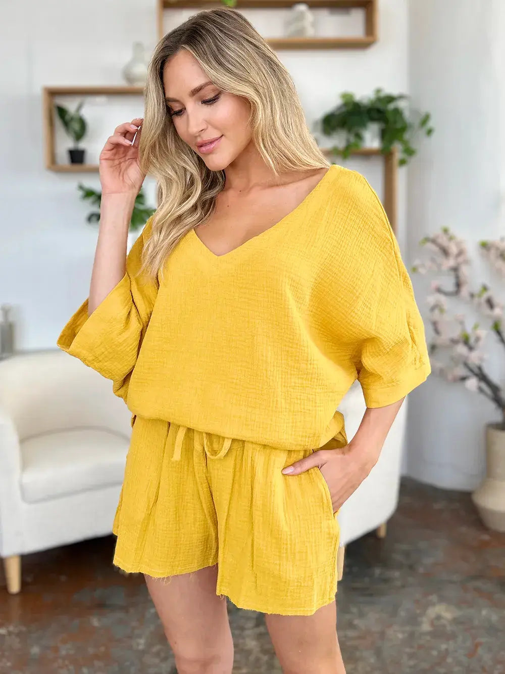 Double Take Texture Half Sleeve T-Shirt and Drawstring Shorts Set - Trendsi - Flyclothing LLC
