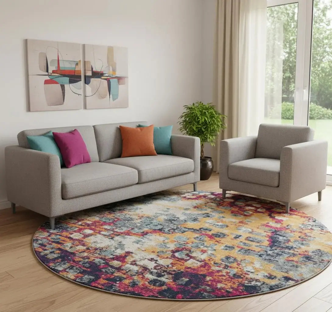 8' X 8' Yellow And Blue Abstract Round Rug - Homeroots - Flyclothing LLC