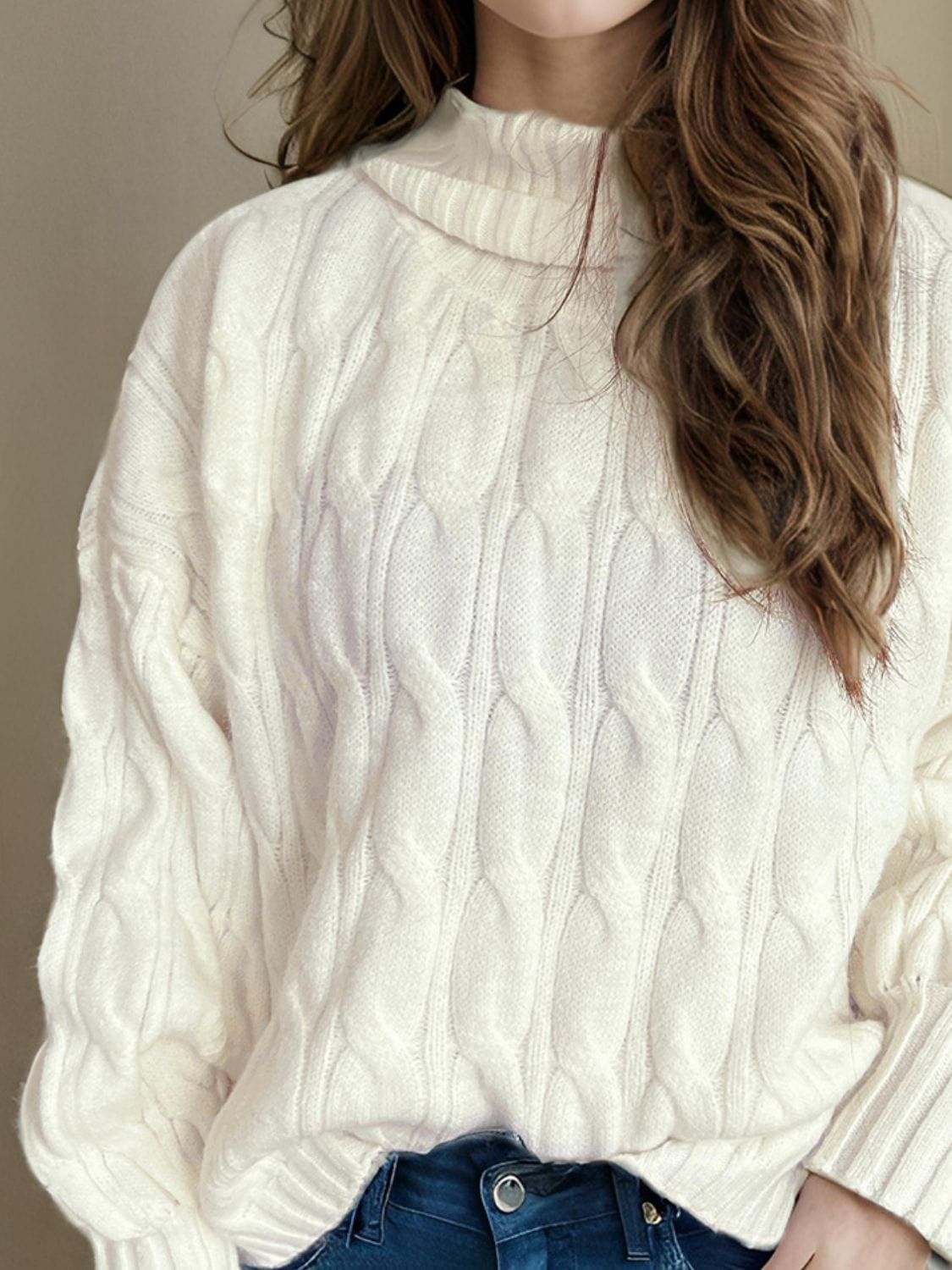 Cable-Knit Turtleneck Long Sleeve Sweater - Trendsi