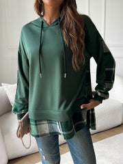 Devine Drawstring Plaid Long Sleeve Hoodie - Trendsi