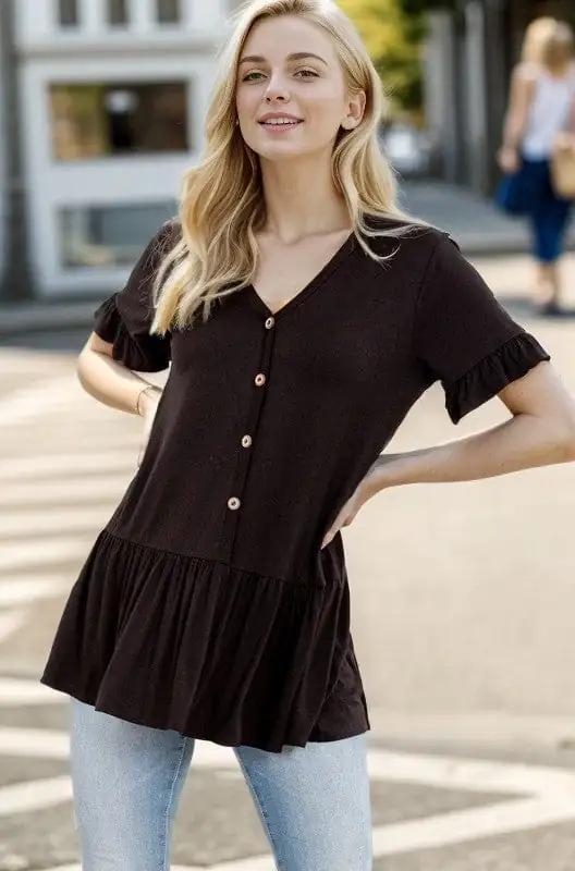 Heimish Full Size Ruffled V-Neck Short Sleeve Blouse Plus Size - Trendsi
