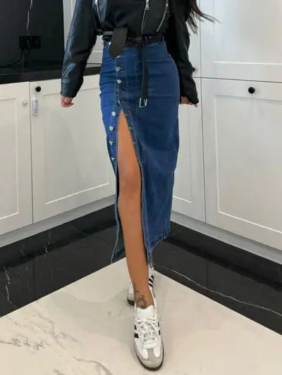 Front Button Slit Midi Denim Skirt - Trendsi - Flyclothing LLC