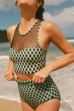 Dotted Mesh Plaid Patchwork High Waisted Swim Set - Trendsi