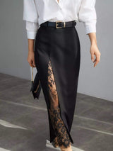 Elegant Lace-Trimmed Slit A-Line Skirt - Trendsi - Flyclothing LLC
