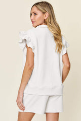 Double Take Full Size Texture Flounce Sleeve Top and Drawstring Shorts Set - Trendsi - Flyclothing LLC