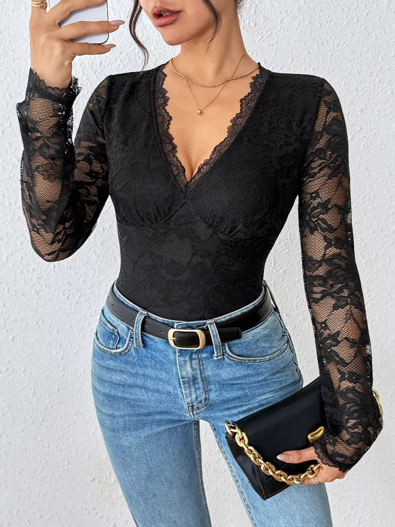 Lace Long Sleeve Bodysuit - Trendsi - Flyclothing LLC