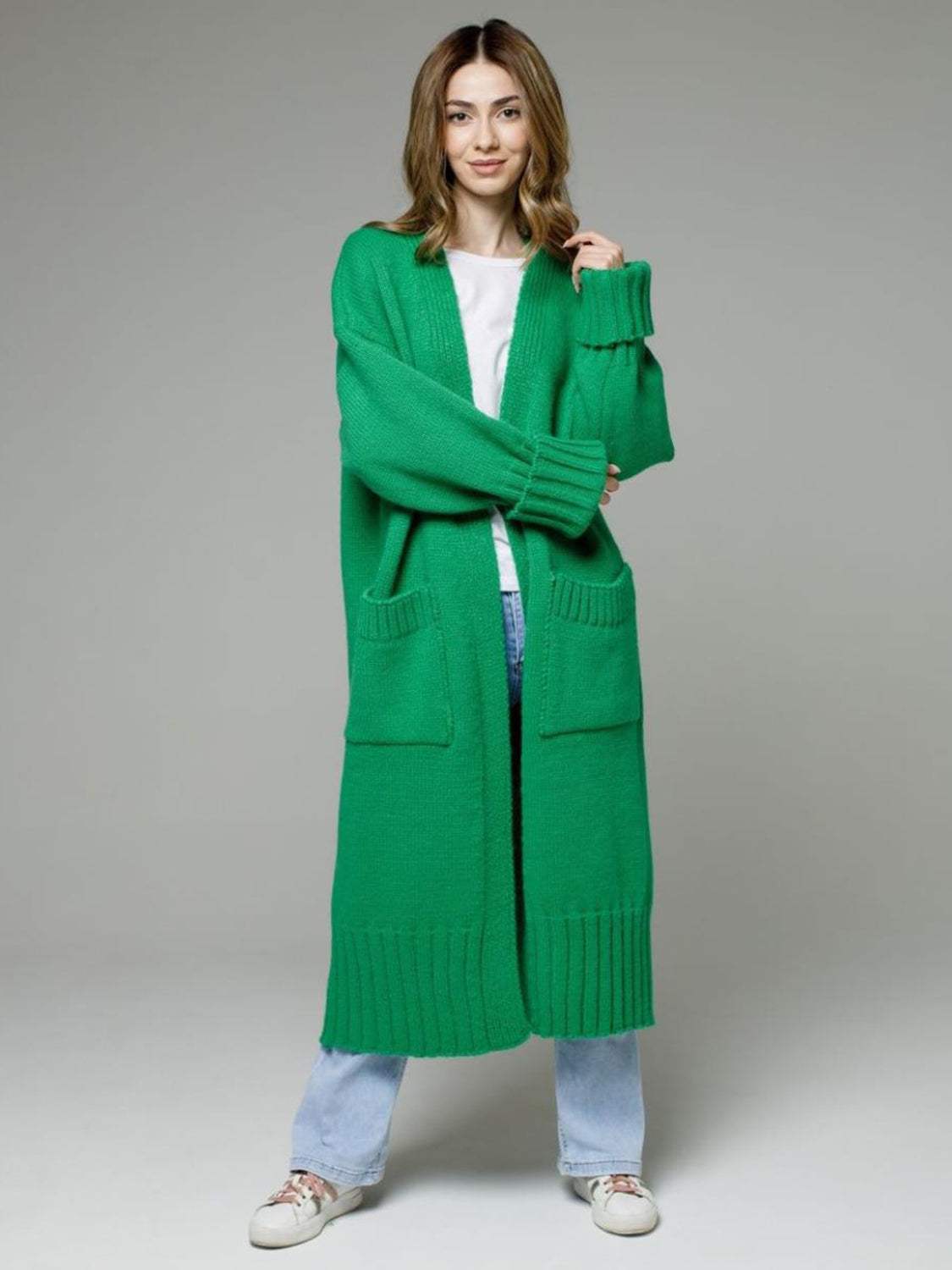 Pocketed Open Front Dropped Shoulder Cardigan - Trendsi - Flyclothing LLC