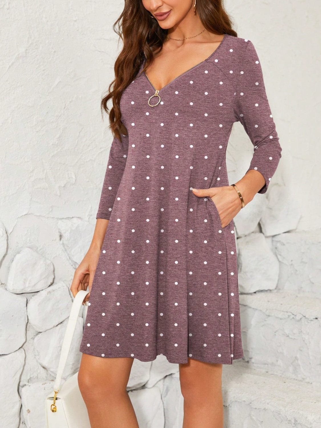 Polka Dot Quarter Zip Long Sleeve Dress - Trendsi