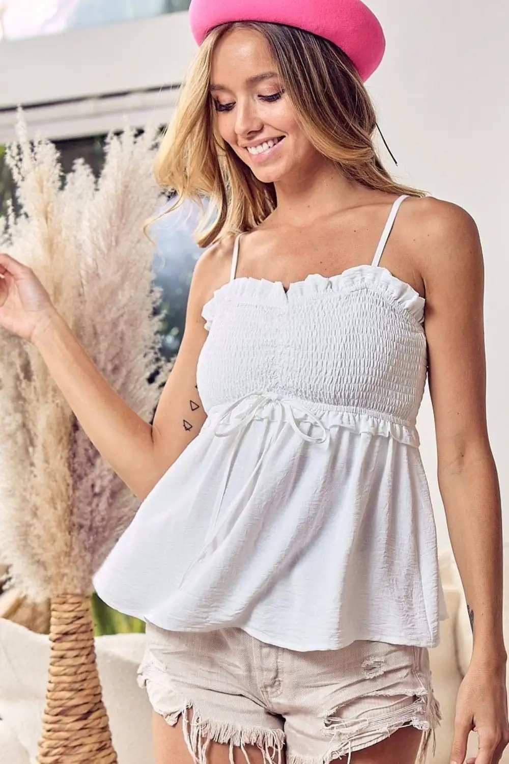 BiBi Ruffle Edge Smocking Babydoll Cami - Trendsi - Flyclothing LLC