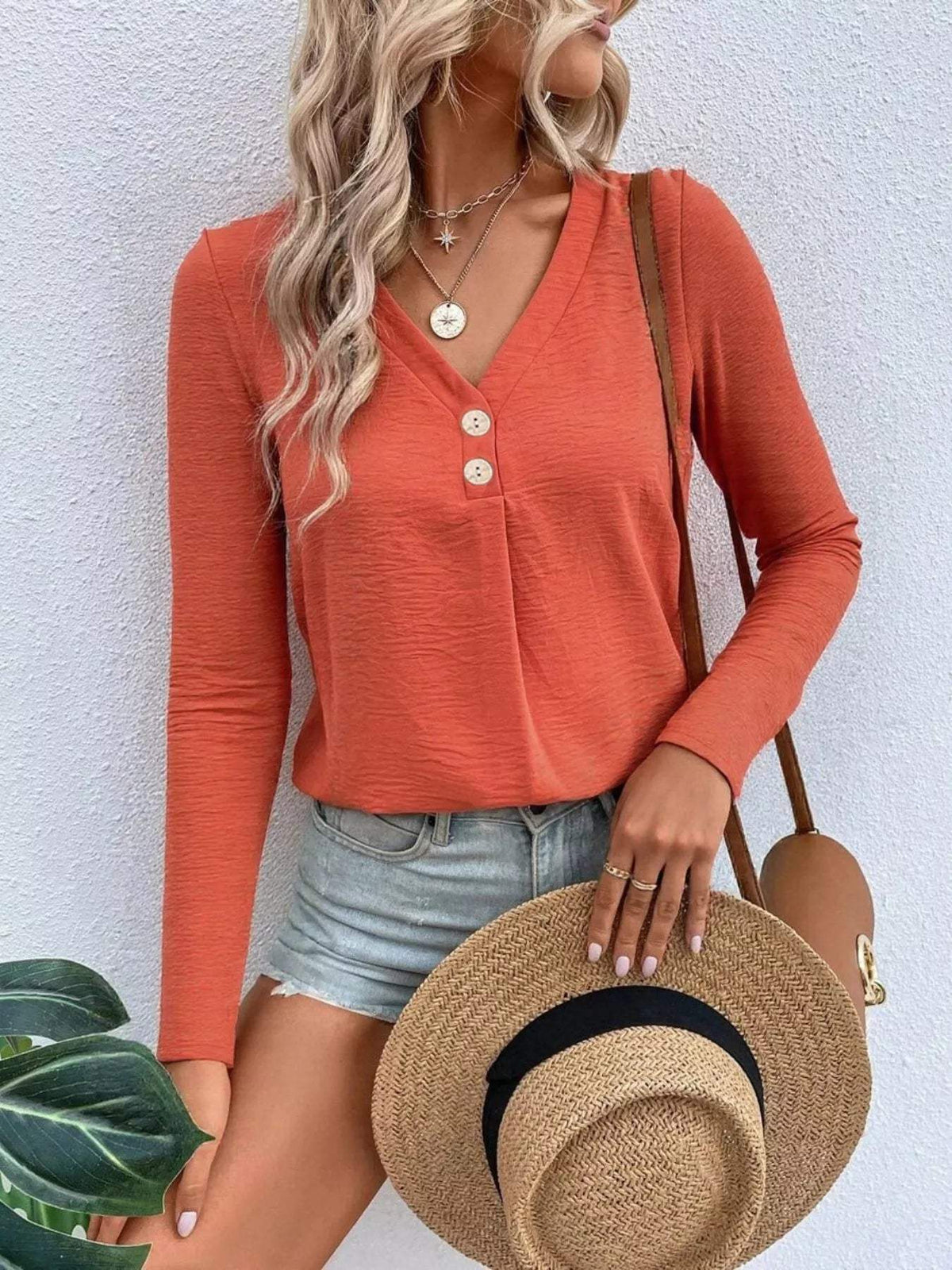 Full Size V-Neck Decor Button Long Sleeve T-Shirt Plus Size - Trendsi - Flyclothing LLC