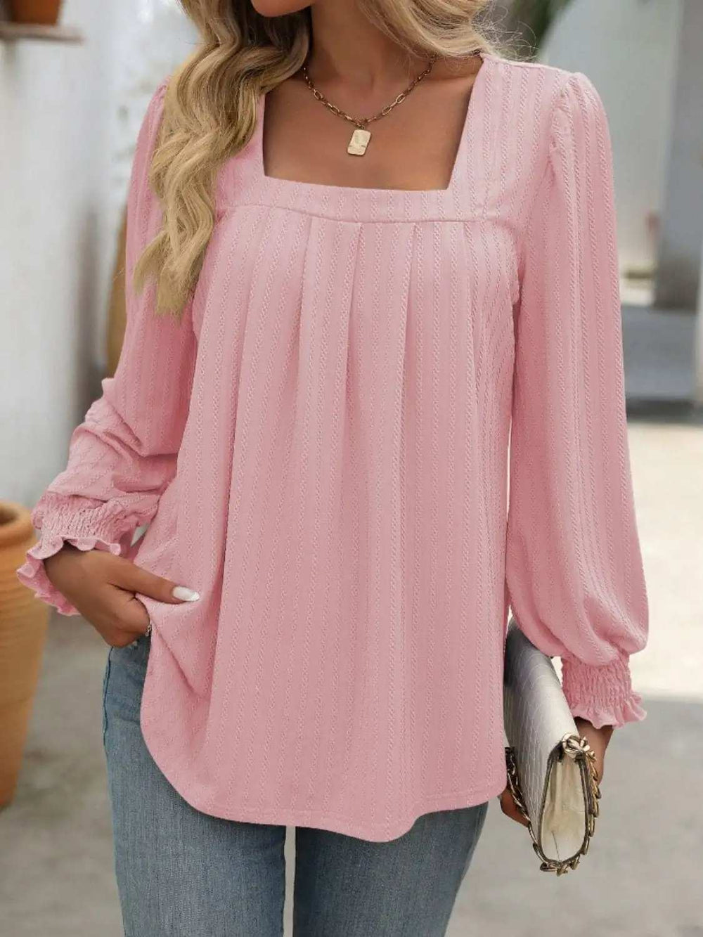 Square Neck Long Sleeve Top - Trendsi - Flyclothing LLC