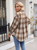 Pocketed Plaid Collared Neck Long Sleeve Shirt - Trendsi - Flyclothing LLC