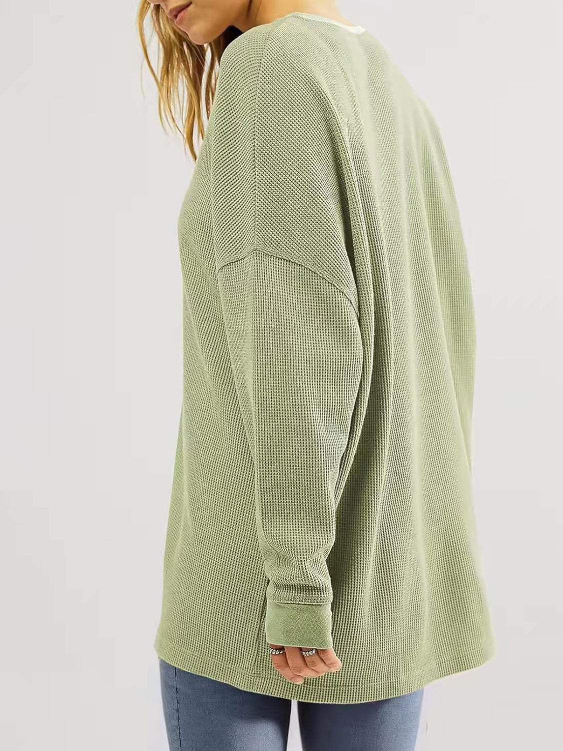 Waffle Knit Round Neck Long Sleeve T-Shirt - Trendsi - Flyclothing LLC