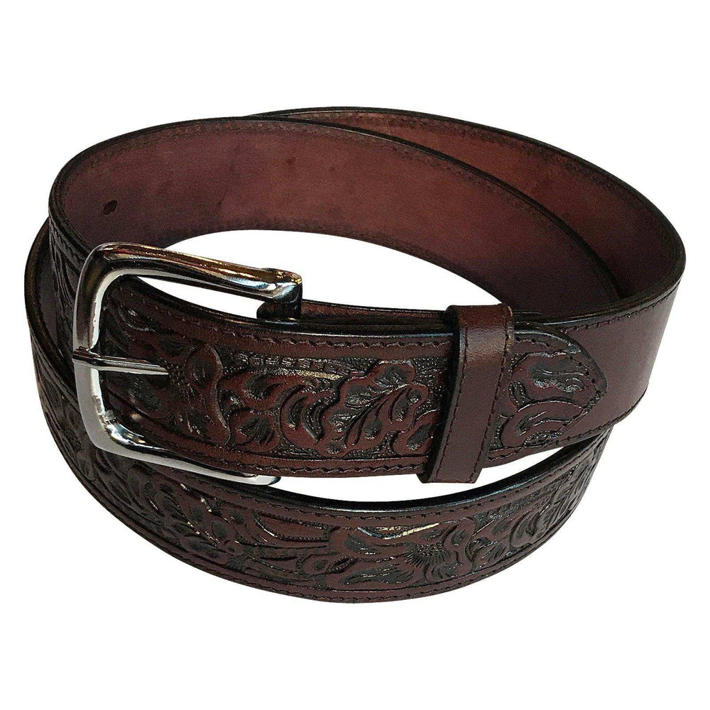 Tooled Floral Genuine Leather Western Belt (Black or Brown) - Rockmount Clothing - Flyclothing LLC