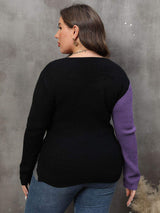 Plus Size Two-Tone Surplice Neck Sweater - Trendsi - Flyclothing LLC