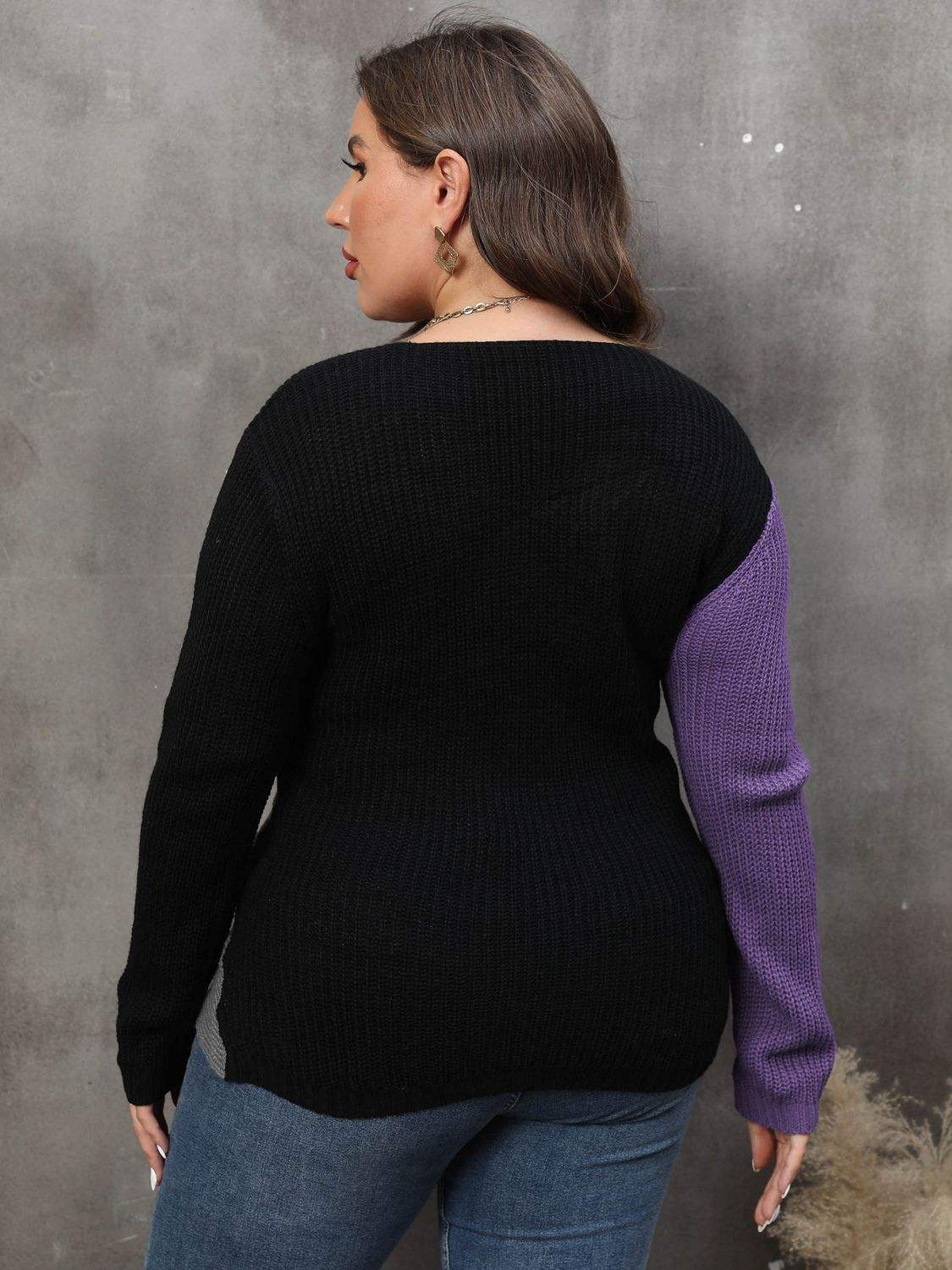 Plus Size Two-Tone Surplice Neck Sweater - Trendsi - Flyclothing LLC