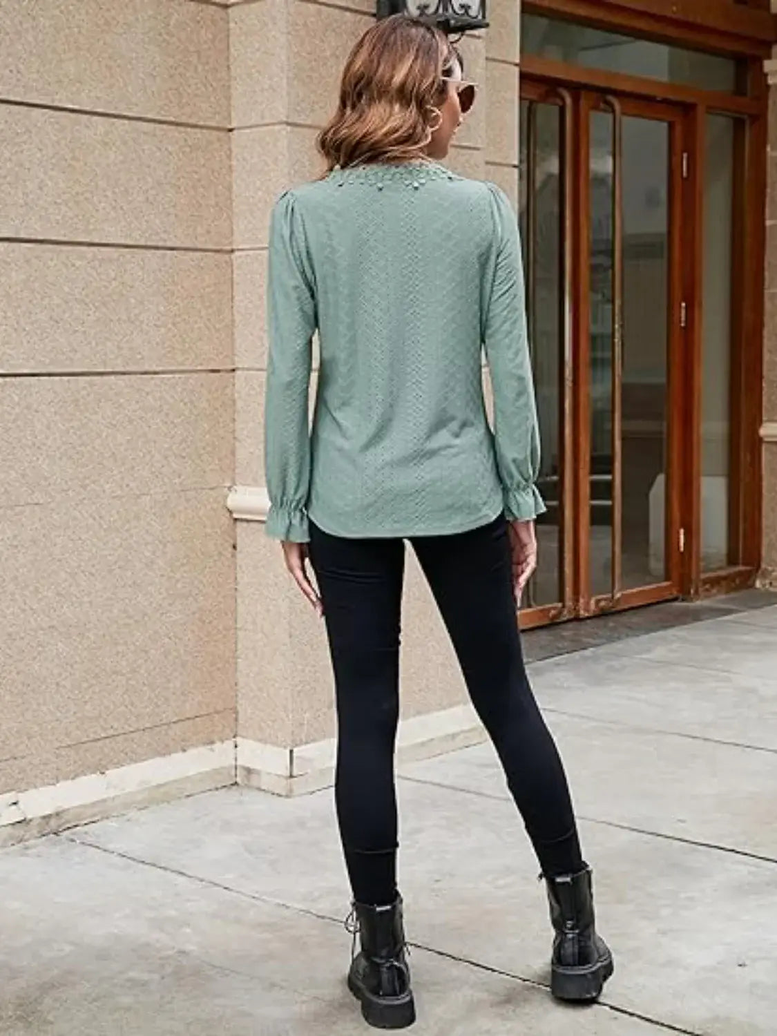 Lace Detail Eyelet V-Neck Flounce Sleeve Blouse - Trendsi - Flyclothing LLC