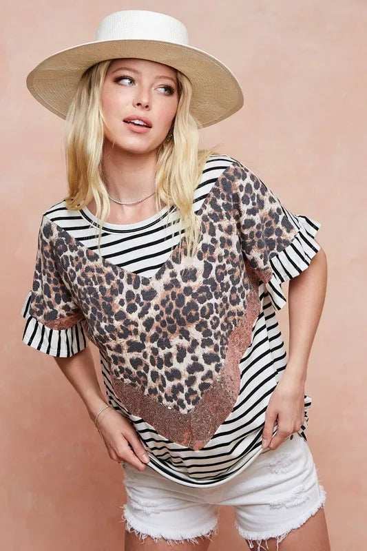 BiBi Stripe Rayon Span Knit Color Block Top With Leopard - Trendsi - Flyclothing LLC