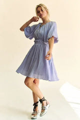 Davi & Dani Back Button Puff Sleeve Mini Dress - Trendsi - Flyclothing LLC