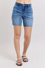 Judy Blue Full Size Mid Rise Bermudas Denim Shorts W/ Back Flap Pockets Plus Size - Trendsi - Flyclothing LLC