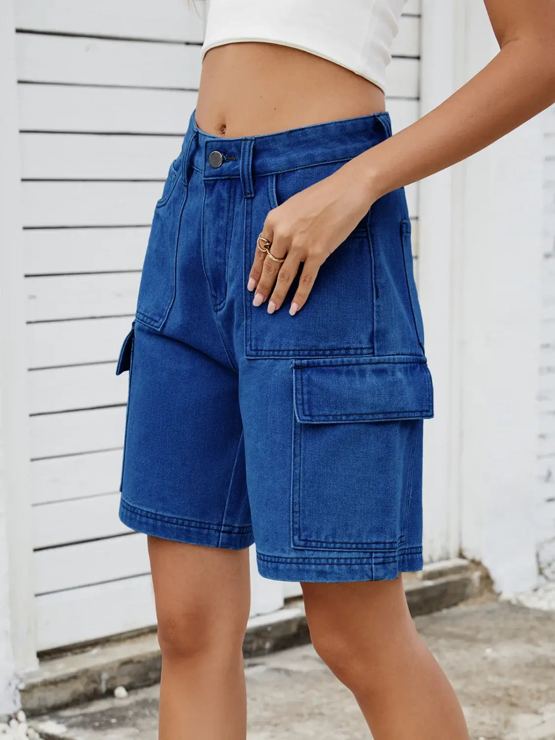 High Waist Denim Shorts with Cargo Pockets - Trendsi - Flyclothing LLC