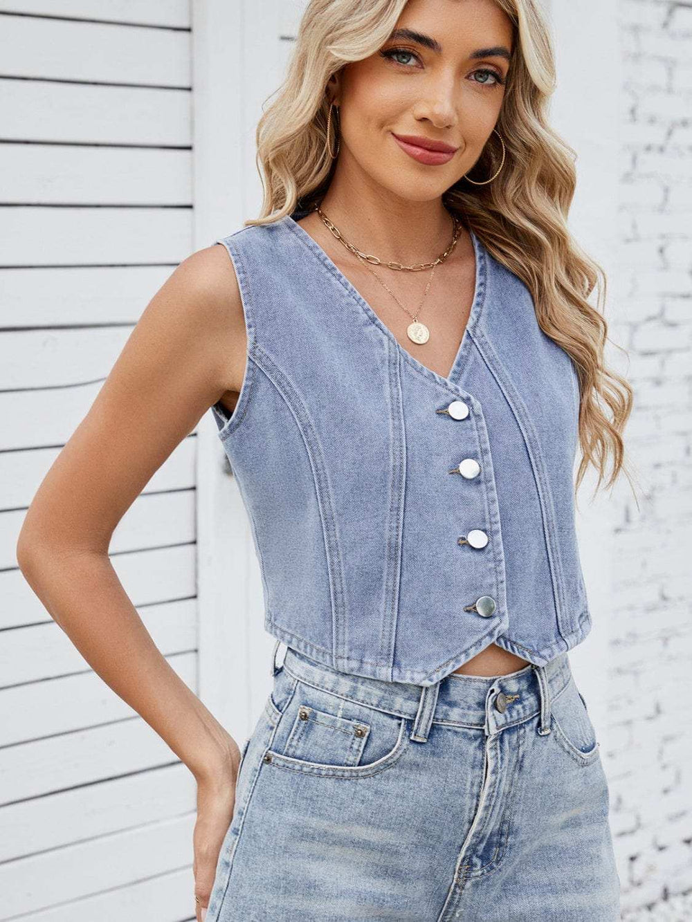 V-Neck Button Down Denim Vest - Trendsi - Flyclothing LLC