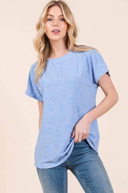 BOMBOM Textured Floral Pattern Short Sleeve T-Shirt - Trendsi - Flyclothing LLC