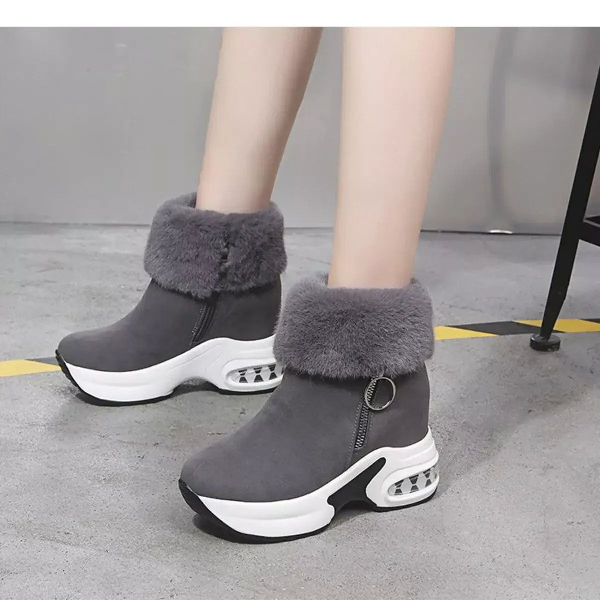 Fuzzy Side Zipper Platform Ankle Boots - Trendsi - Flyclothing LLC
