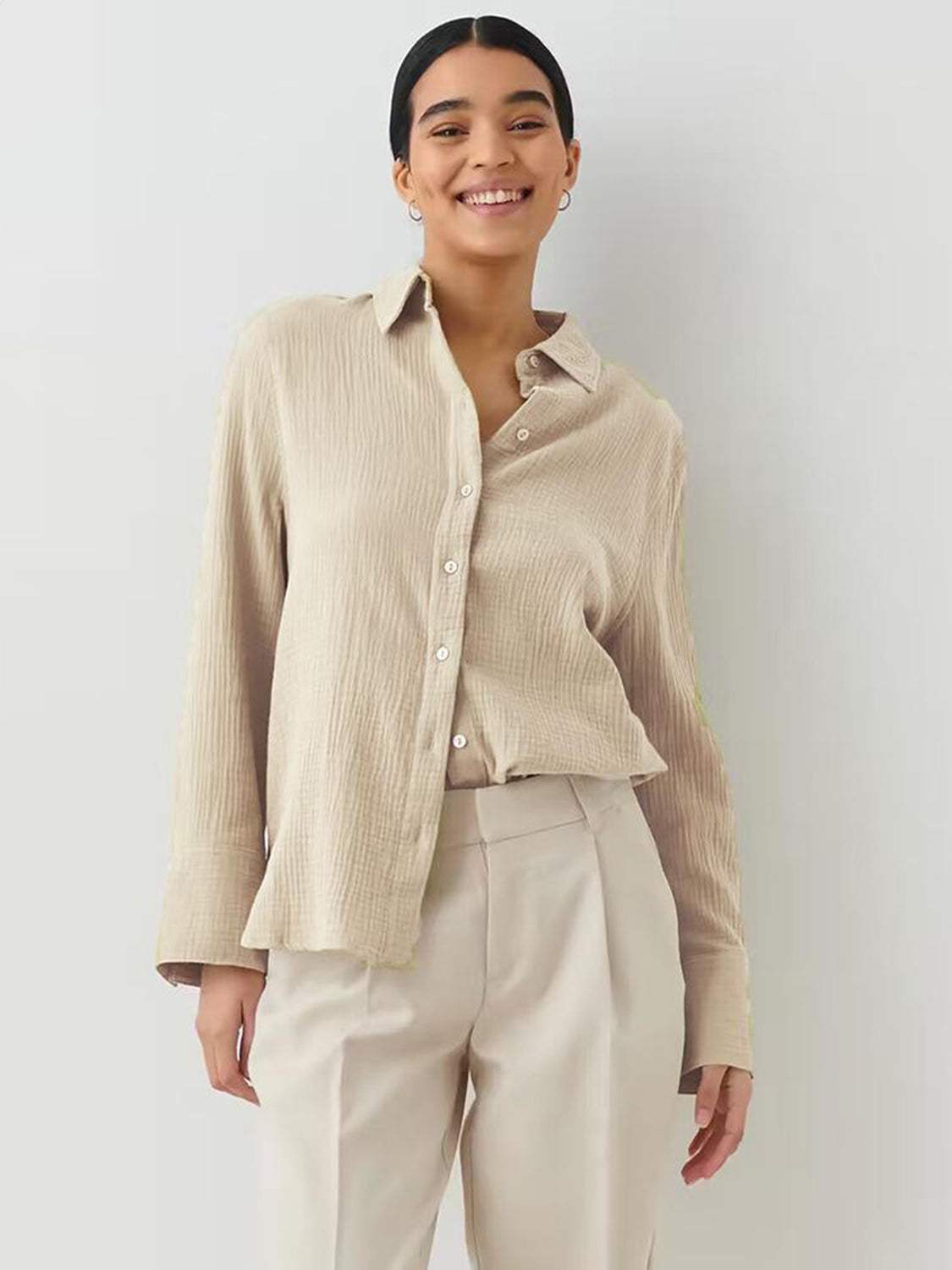 Textured Collared Neck Long Sleeve Shirt - Trendsi - Flyclothing LLC