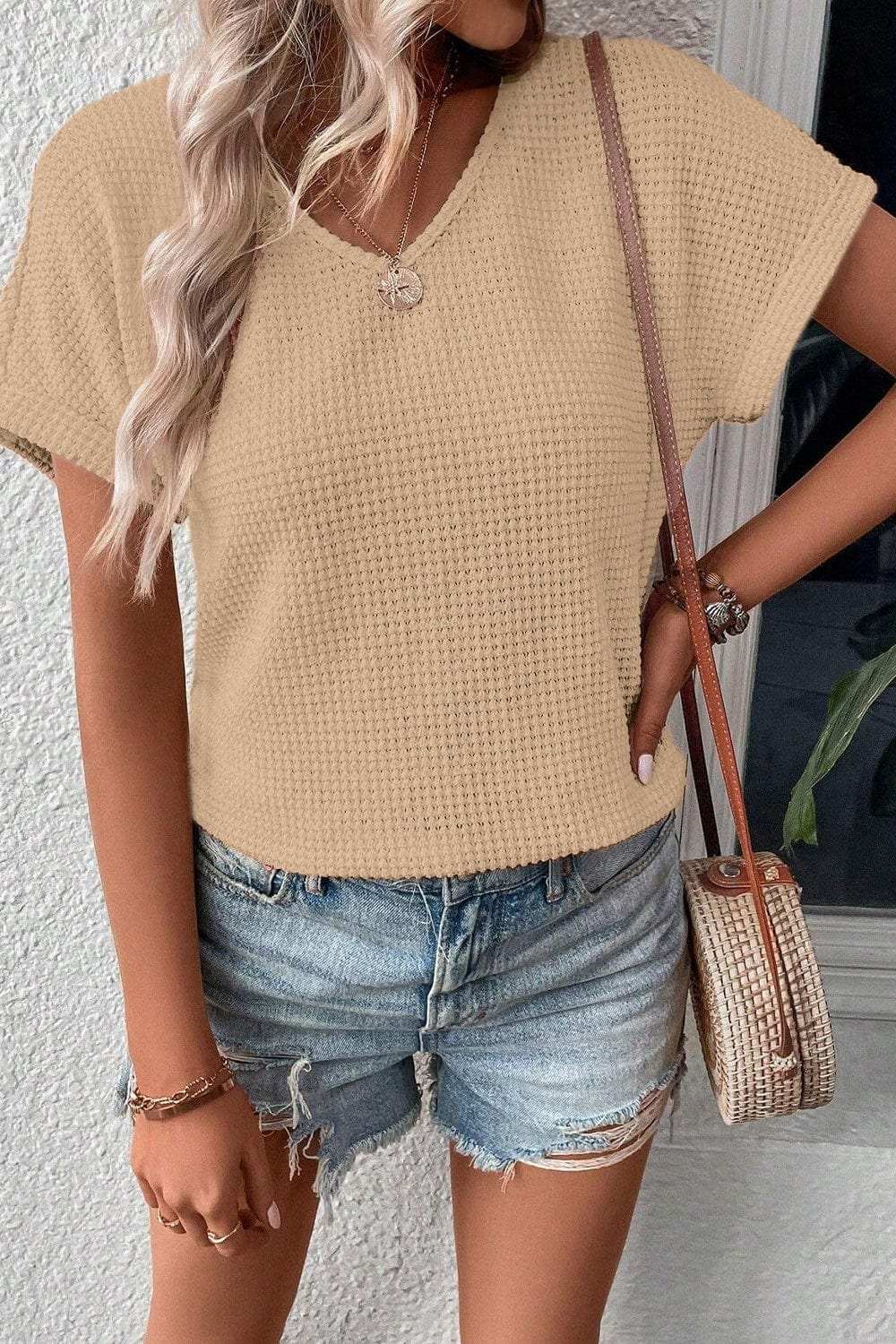V-Neck Short Sleeve T-Shirt - Trendsi - Flyclothing LLC