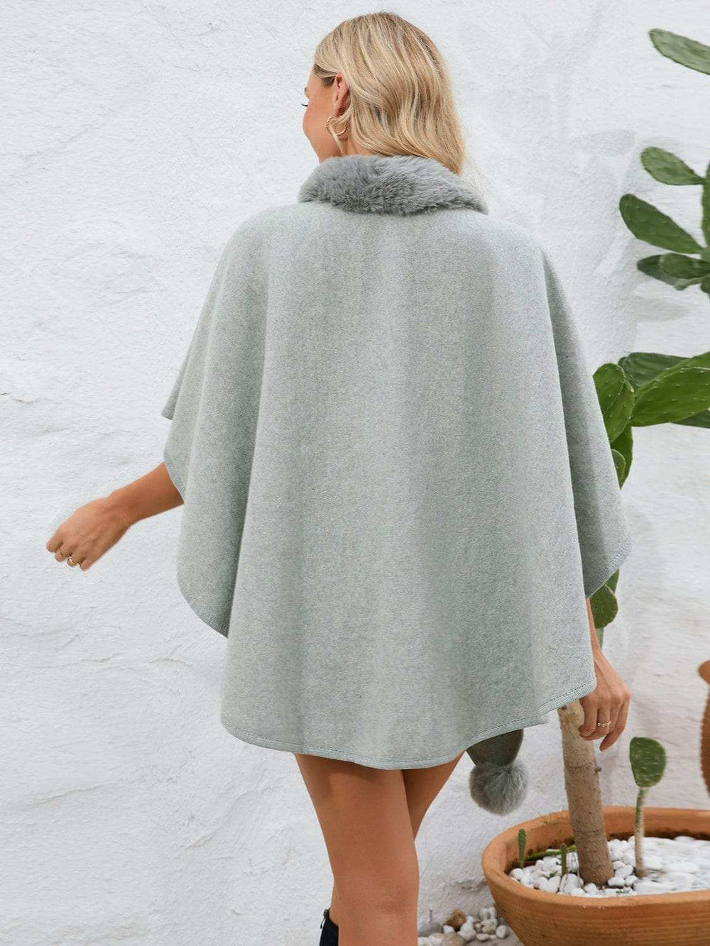 Fuzzy Trim Open Front Poncho - Trendsi - Flyclothing LLC