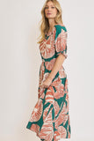 Umgee Full Size Printed Notched Puff Sleeve Midi Dress Plus Size - Trendsi