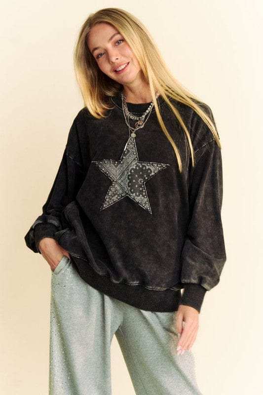 Davi & Dani Stud Star Patch Acid Washed Sweatshirt - Trendsi - Flyclothing LLC