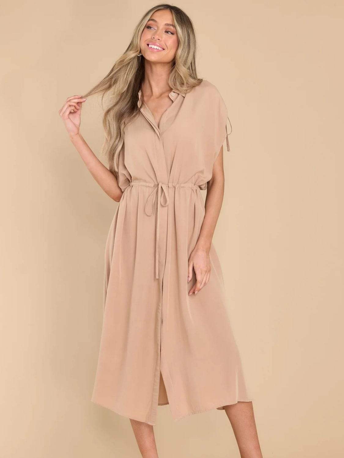 Drawstring Collared Neck Short Sleeve Midi Dress - Trendsi - Flyclothing LLC