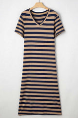 Casual Striped V-Neck Midi T-Shirt Dress - Trendsi - Flyclothing LLC