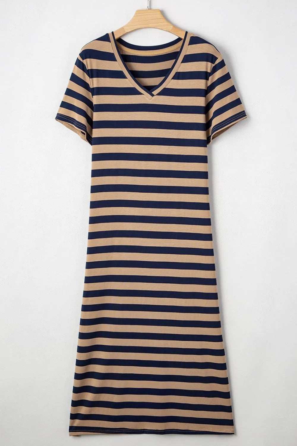 Casual Striped V-Neck Midi T-Shirt Dress - Trendsi - Flyclothing LLC
