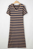 Casual Striped V-Neck Midi T-Shirt Dress - Trendsi - Flyclothing LLC