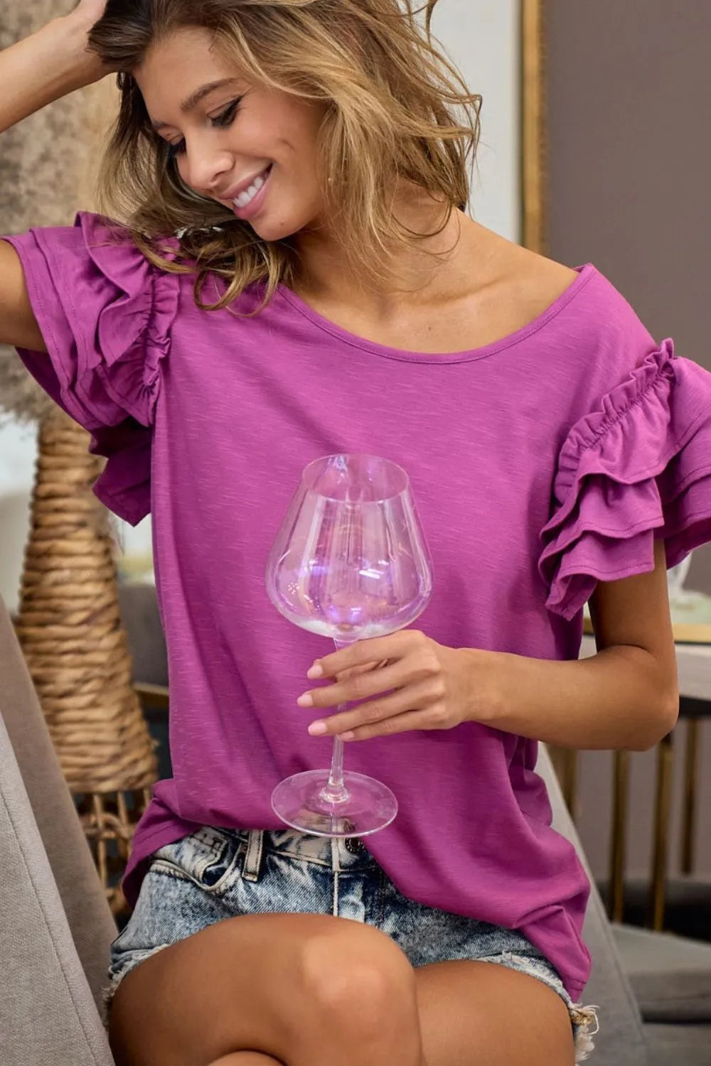 BiBi Layered Ruffle Sleeve Jersey Top - Trendsi