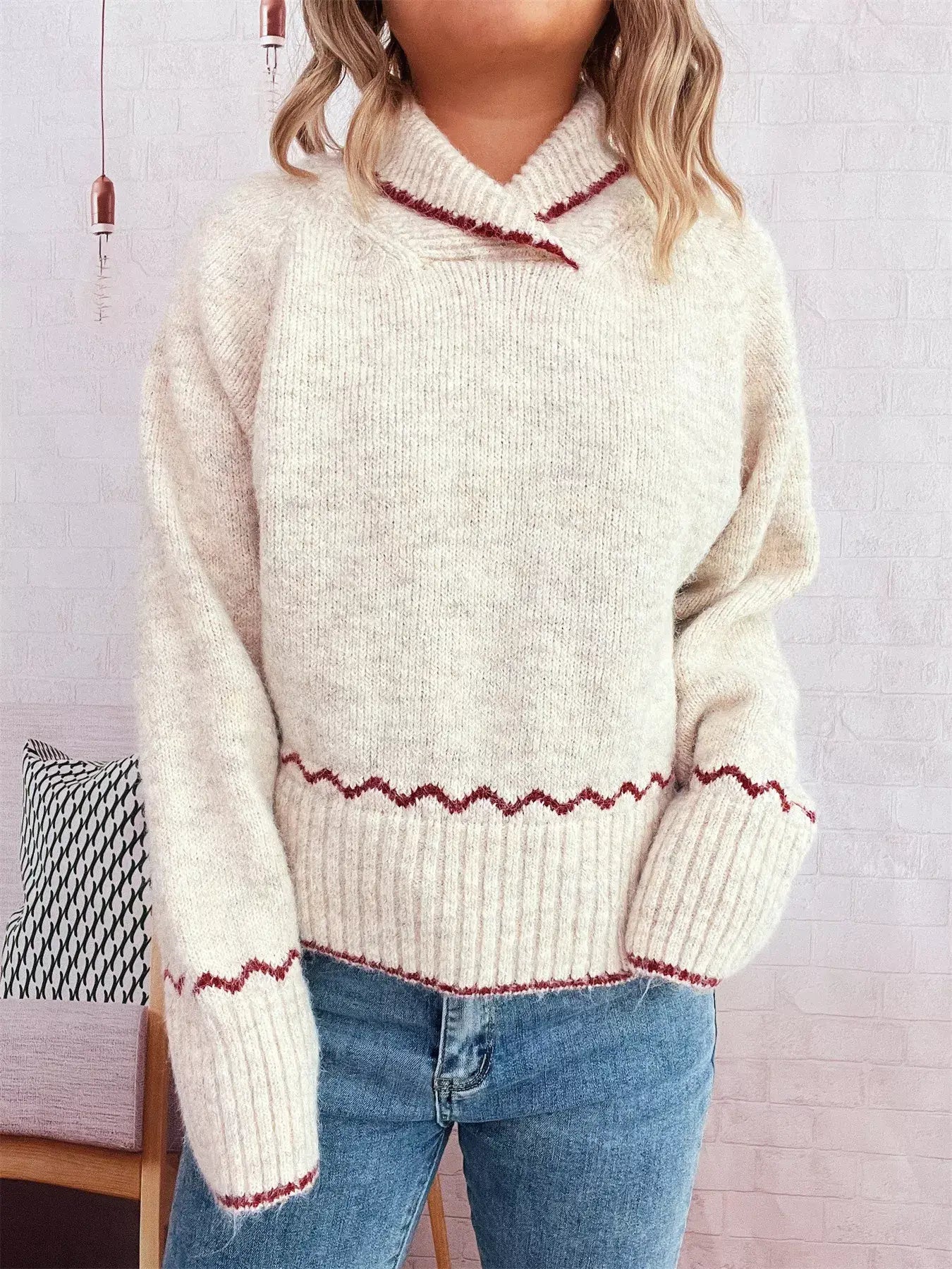 Ribbed Contrast Trim Long Sleeve Sweater - Trendsi - Flyclothing LLC