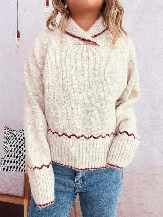 Ribbed Contrast Trim Long Sleeve Sweater - Trendsi - Flyclothing LLC